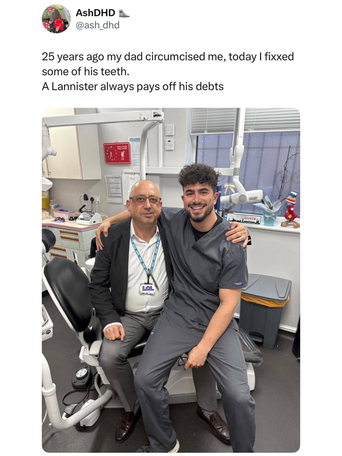 A dentist posing with his father alongside a joke about "paying off debts" via dental work.