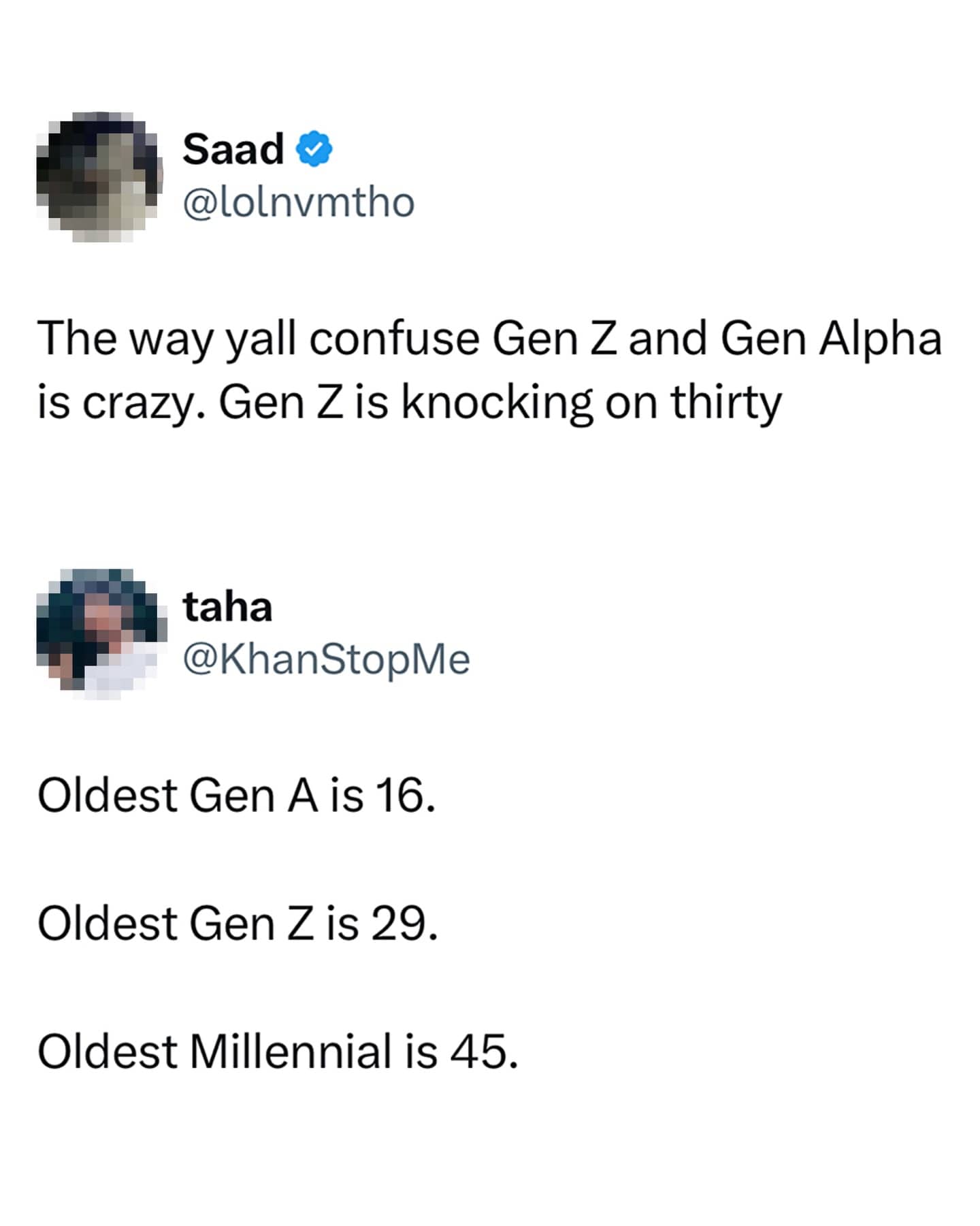 A social media post explaining the age ranges of Gen Alpha, Gen Z, and Millennials.