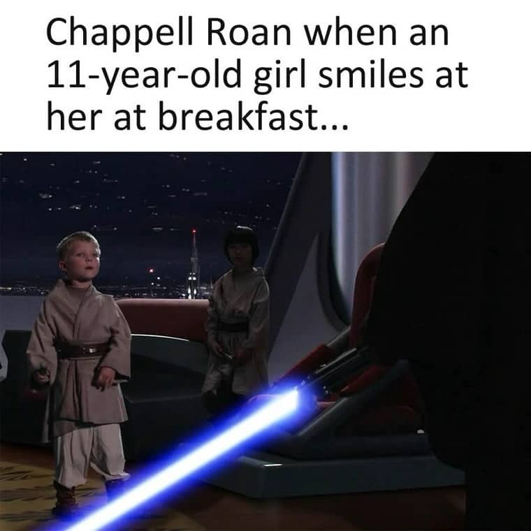 Star Wars meme showing Anakin Skywalker with a lightsaber facing younglings about Chappell Roan.