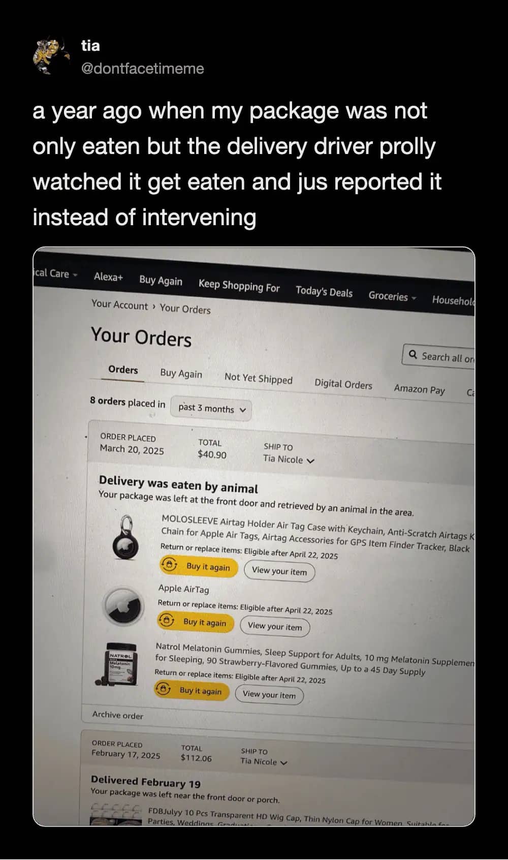 Screenshot of an Amazon order status stating the package was eaten by an animal at the door.