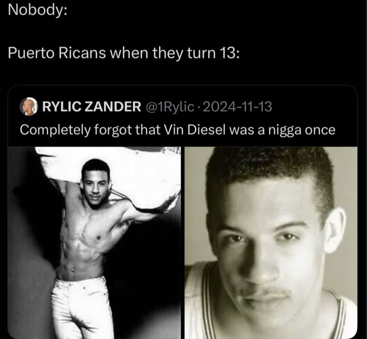 Old photos of a younger Vin Diesel with hair and a caption about ethnic identity.