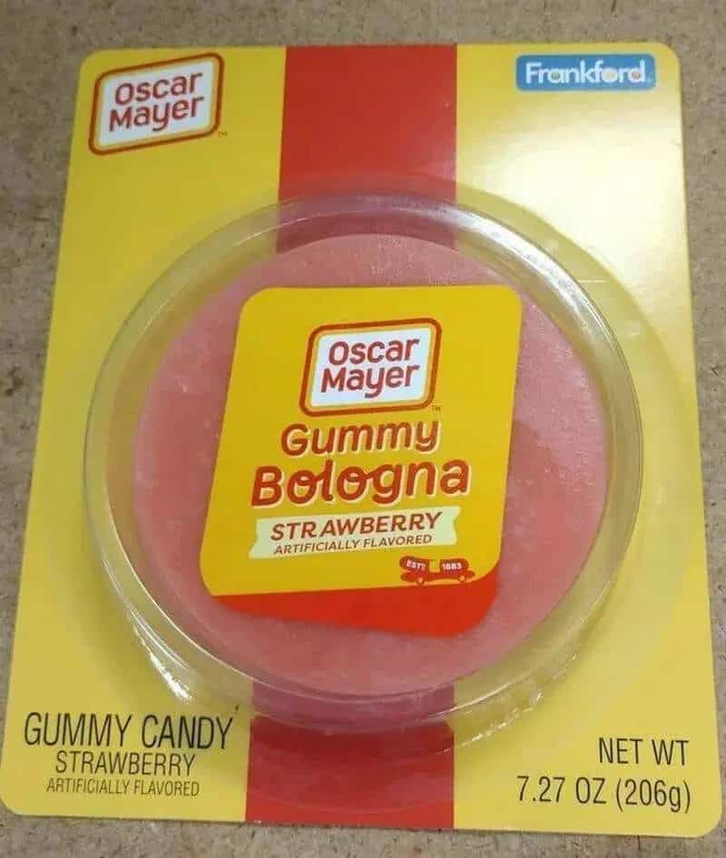 Package of Oscar Mayer strawberry flavored gummy candy shaped like a stack of bologna slices.