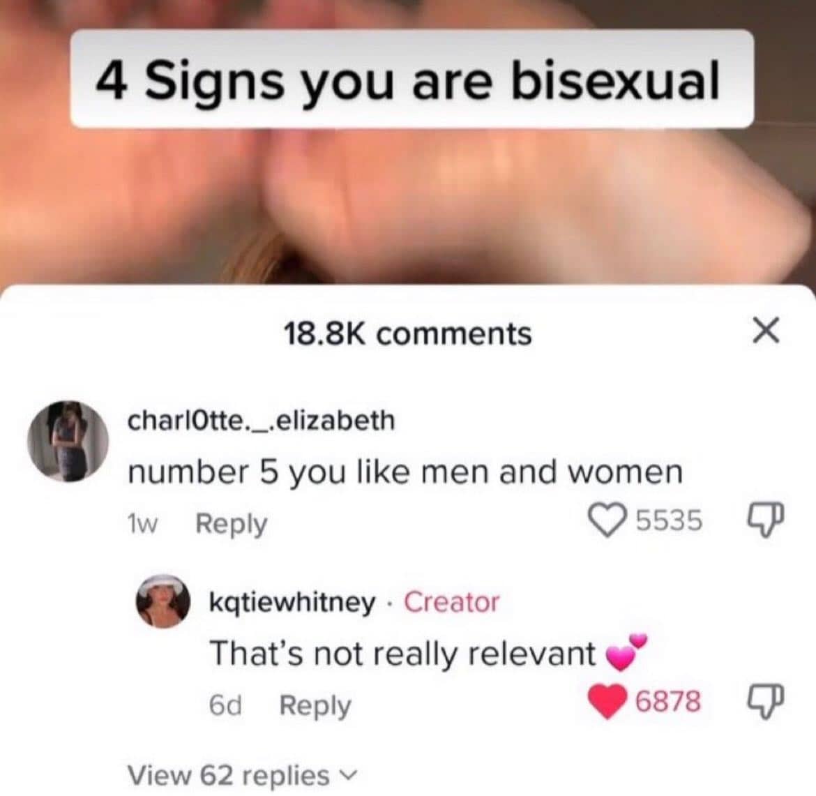 Humorous TikTok comment thread about bisexual signs where a user dismisses liking men and women.