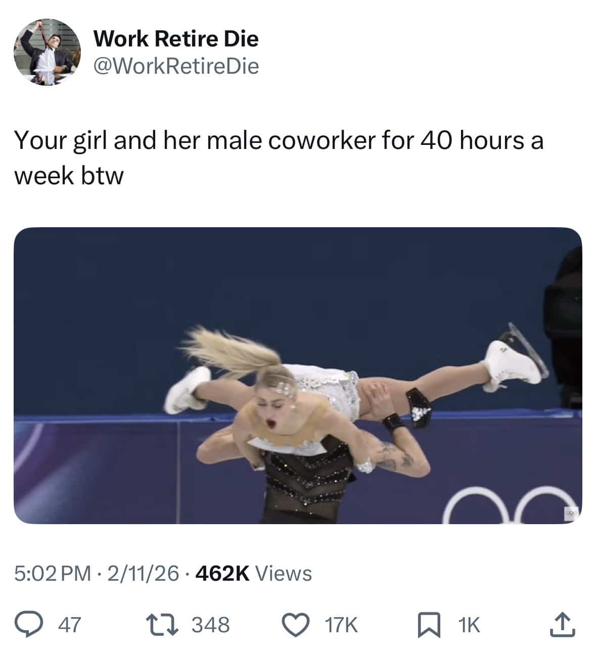 Funny ice skating pair photo captioned as your girl and her male coworker for forty hours.