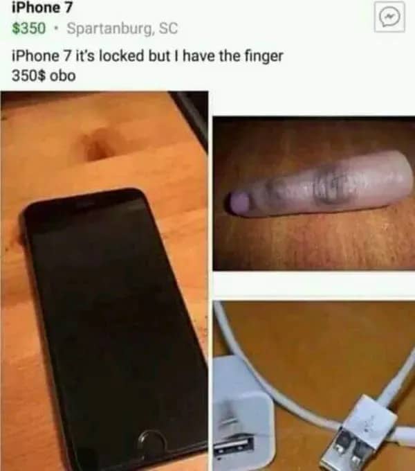 Cursed marketplace listing for a locked iPhone 7 sold with a severed prosthetic finger accessory.