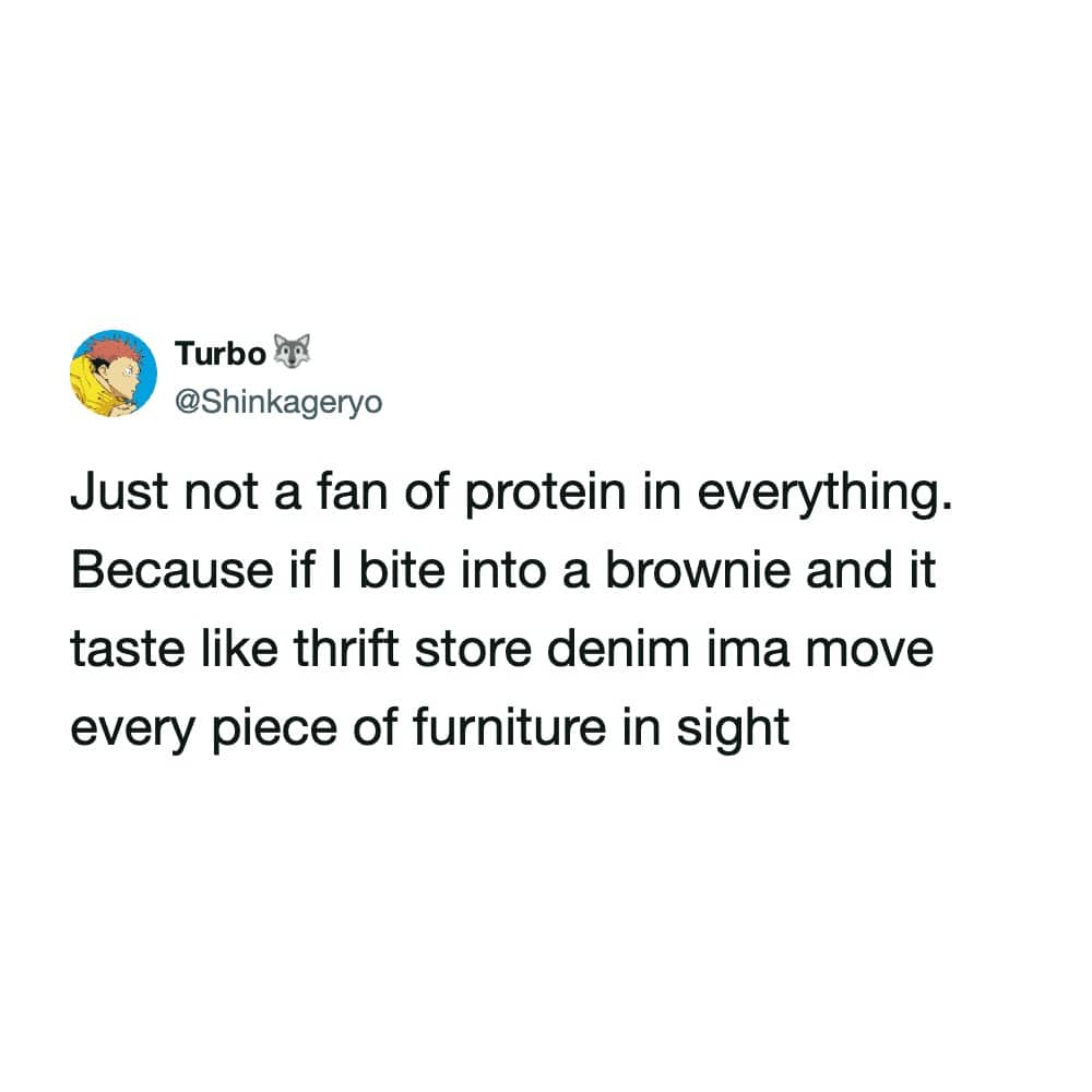 Twitter post venting about the bad taste of protein-enriched brownies resembling thrift store denim fabric.