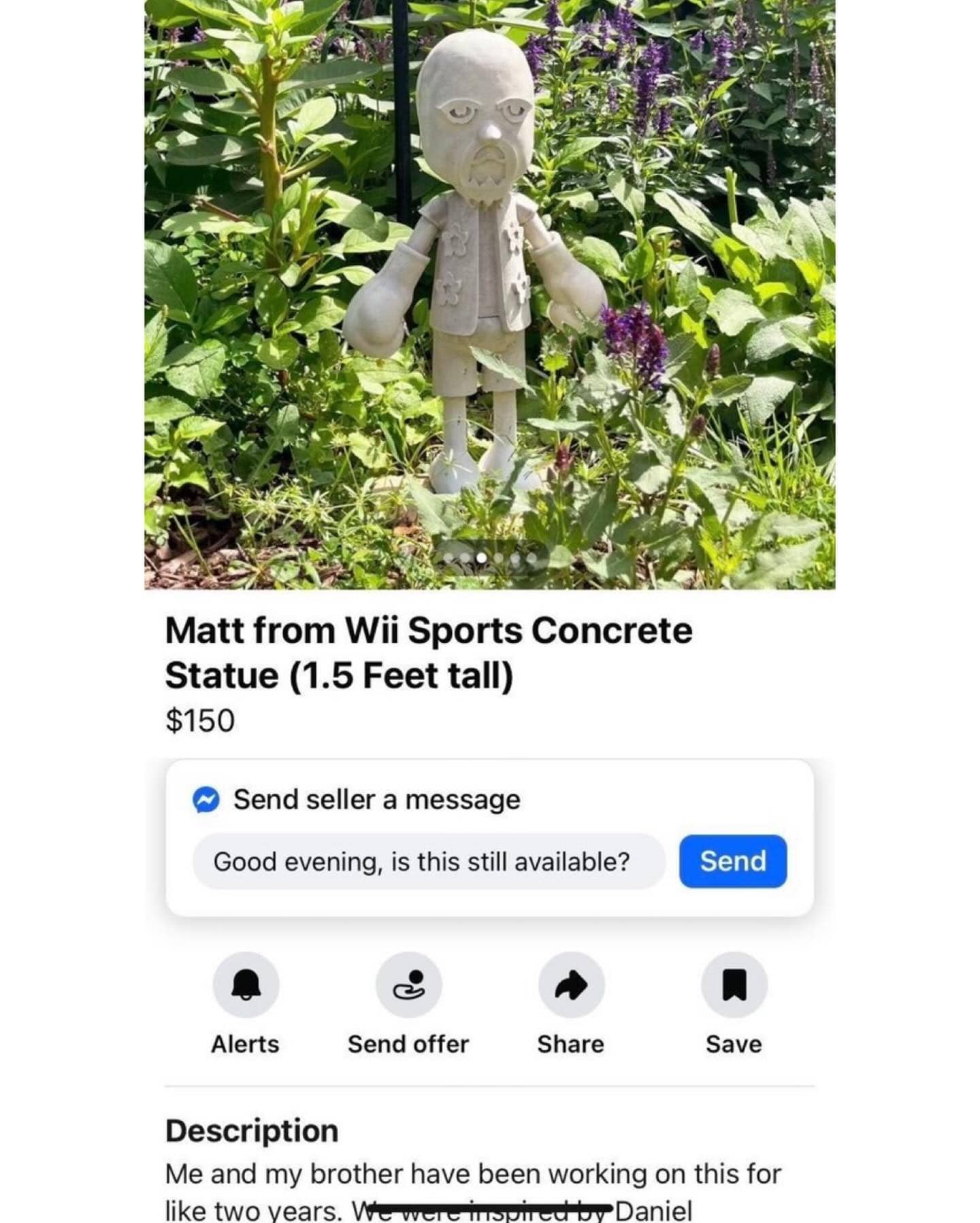 A 1.5 feet tall concrete garden statue of the character Matt from the Wii Sports game.