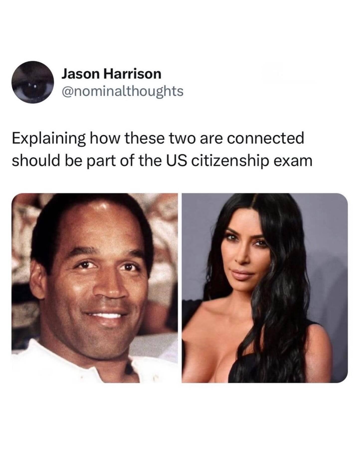 Side-by-side photos of O.J. Simpson and Kim Kardashian referencing their historical family connection.