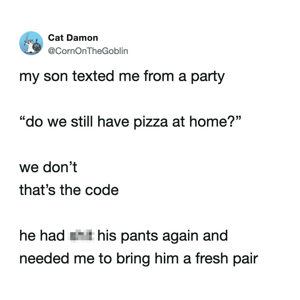 Funny tweet about a parent-son code word for a bathroom accident disguised as a pizza request.