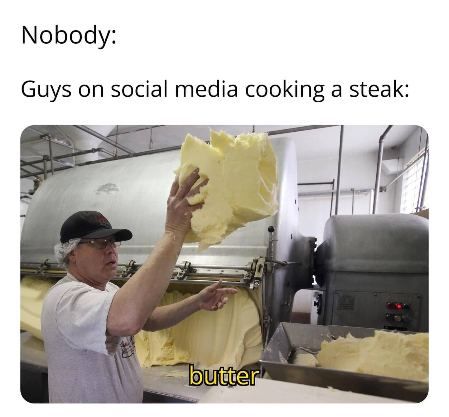 Chef holding a massive block of butter for a meme about social media steak cooking.