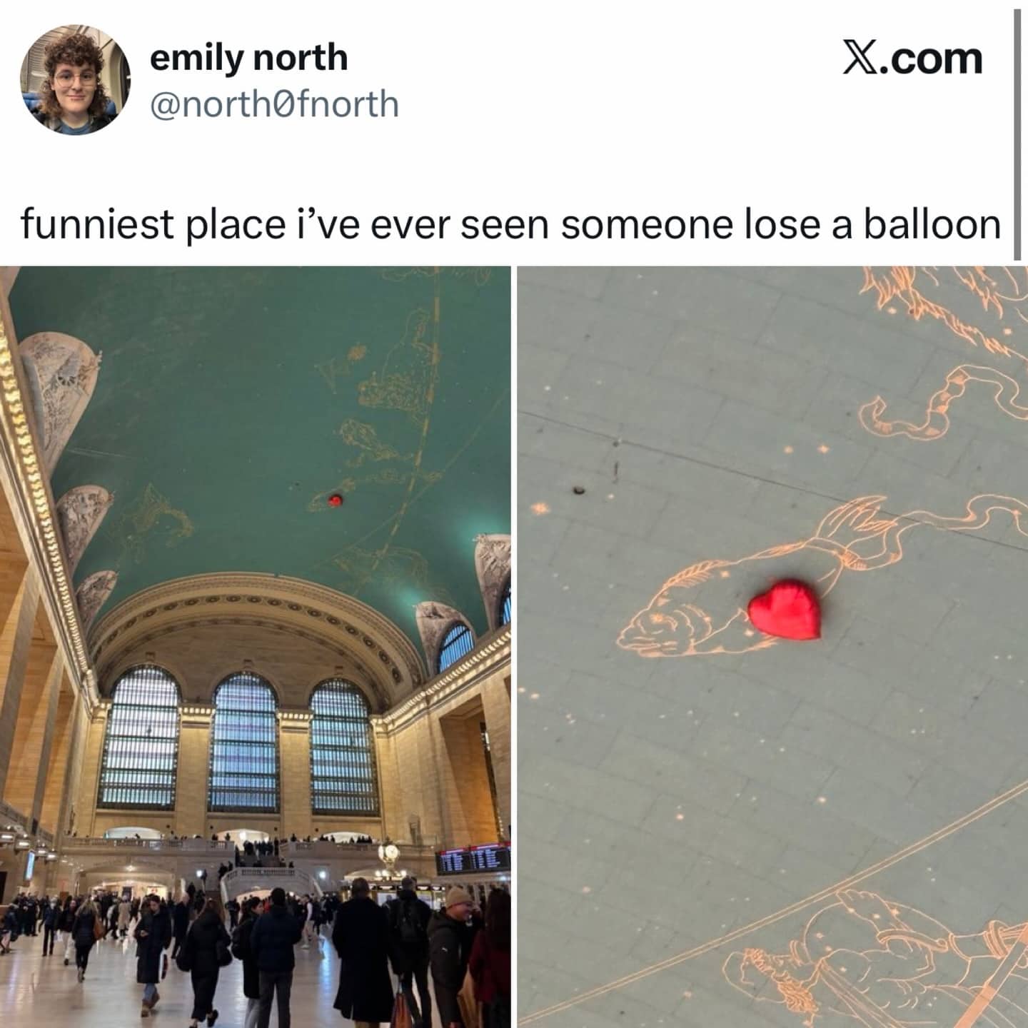Red heart balloon caught on the high turquoise ceiling of Grand Central Terminal in New York.