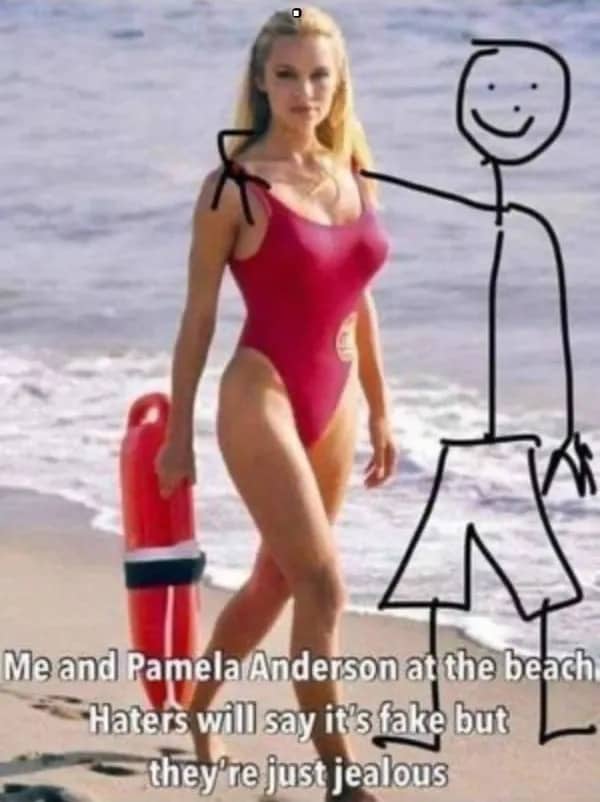 Stick figure crudely photoshopped beside woman in red swimsuit beach haters meme