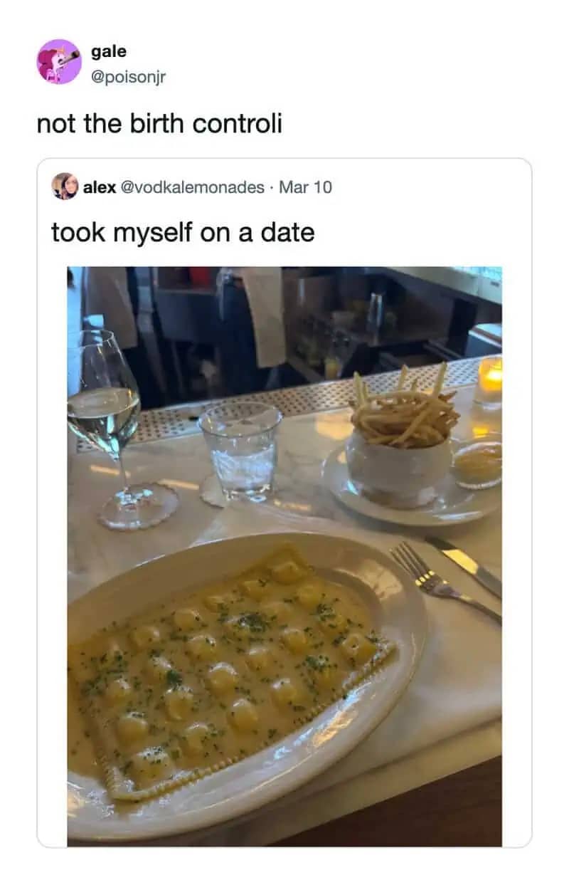 Plate of ravioli that looks like a pack of birth control pills with a funny caption.