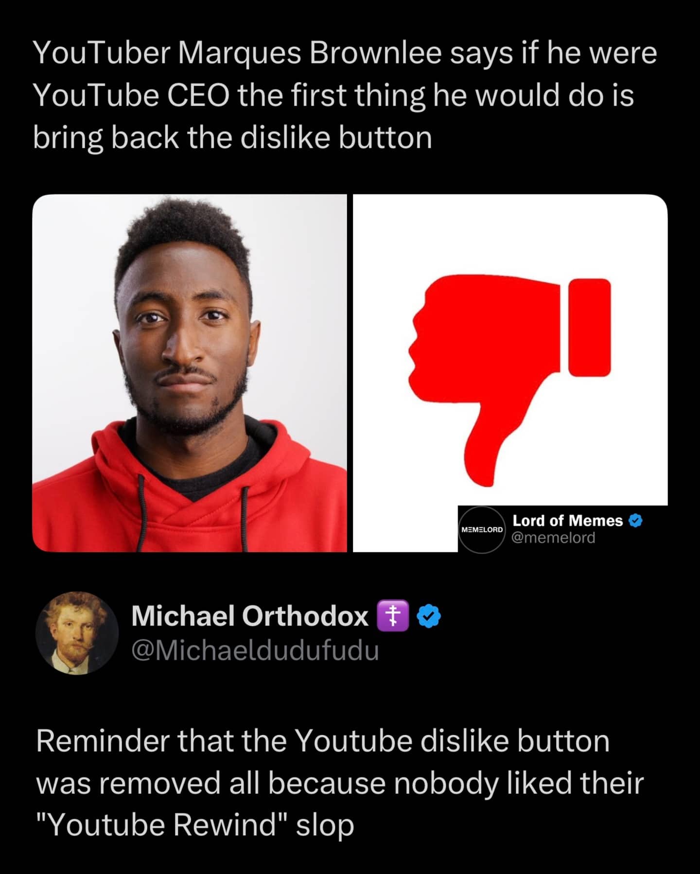 Marques Brownlee and a dislike button icon regarding the removal of YouTube dislike counts.