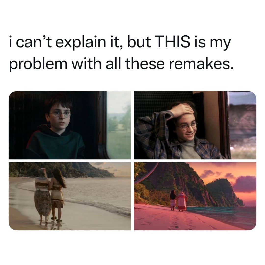 Side-by-side meme showing darker originals versus brighter remakes of Harry Potter Moana