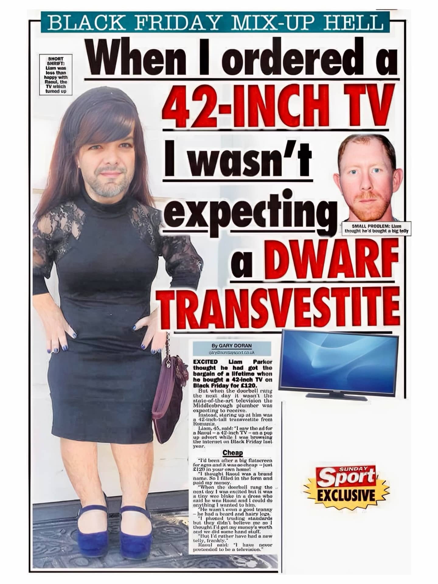 atirical newspaper headline about a Black Friday shopping mix-up involving a television and a person.