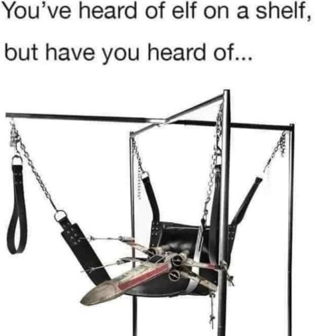 A "rhyme time" meme featuring a Star Wars X-Wing starfighter toy sitting inside a leather BDSM swing.