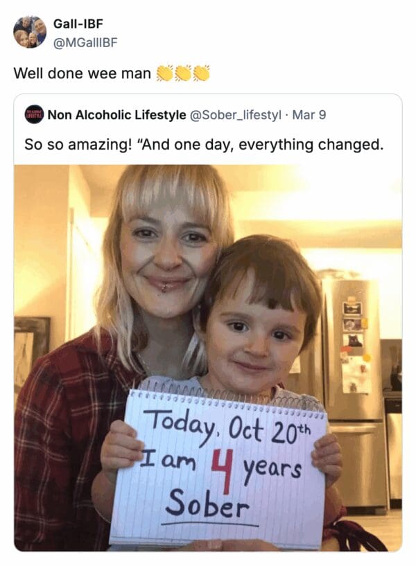 The accidental humor of a toddler holding a "4 years sober" sign—matching his literal age—makes for a heartwarming and funny sobriety meme about starting the recovery journey early.