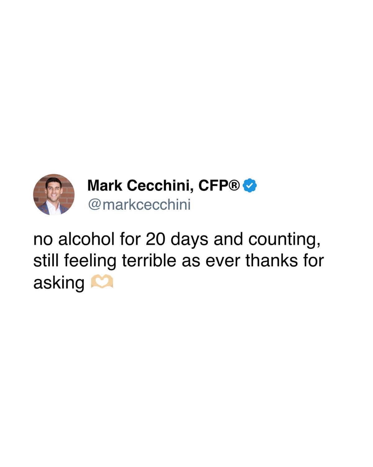 Subverting the expected "sober glow-up" defines this funny sobriety meme, where a user bluntly admits they still feel terrible after 20 days without a drink