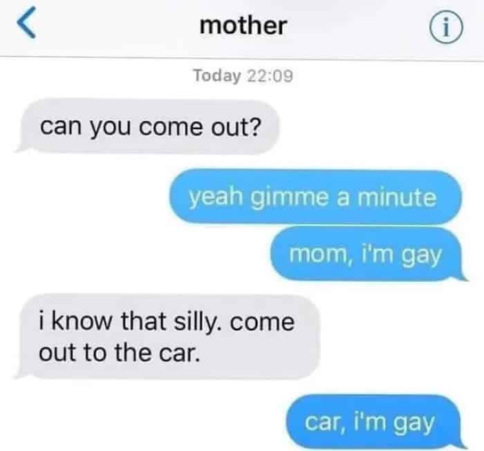 Text exchange where a child comes out as gay to their mom, but she meant the car.
