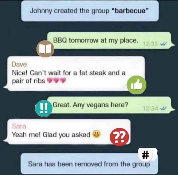 Group chat for a barbecue where a member is immediately removed after identifying as a vegan.