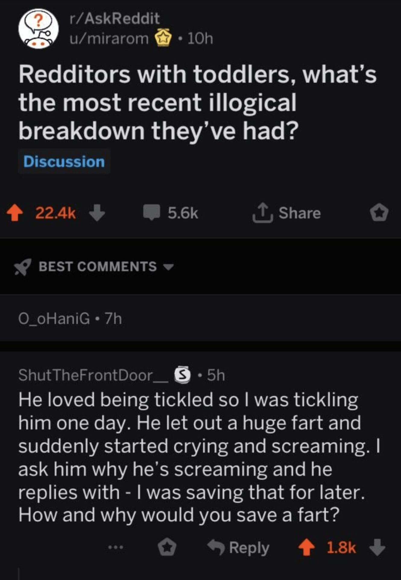 AskReddit comment highlighting funny things kids say regarding a toddler's illogical breakdown; the child started screaming after letting out a large fart because he was apparently "saving that for later."