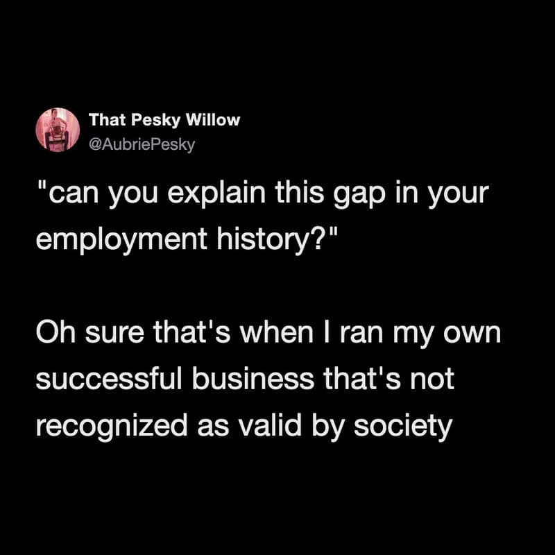 hilariously suspicious funny work tweet where a candidate dodges questions about an employment gap by vaguely claiming they worked really weird jobs they definitely do not want the interviewer to know about.