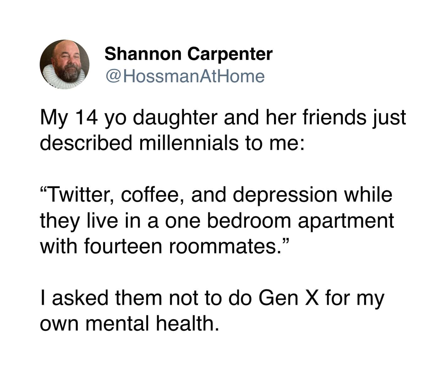 gen x meme where a parent hears teenagers brutally roast Millennials for drinking coffee and being depressed, immediately begging them to spare their own generation for their mental health.