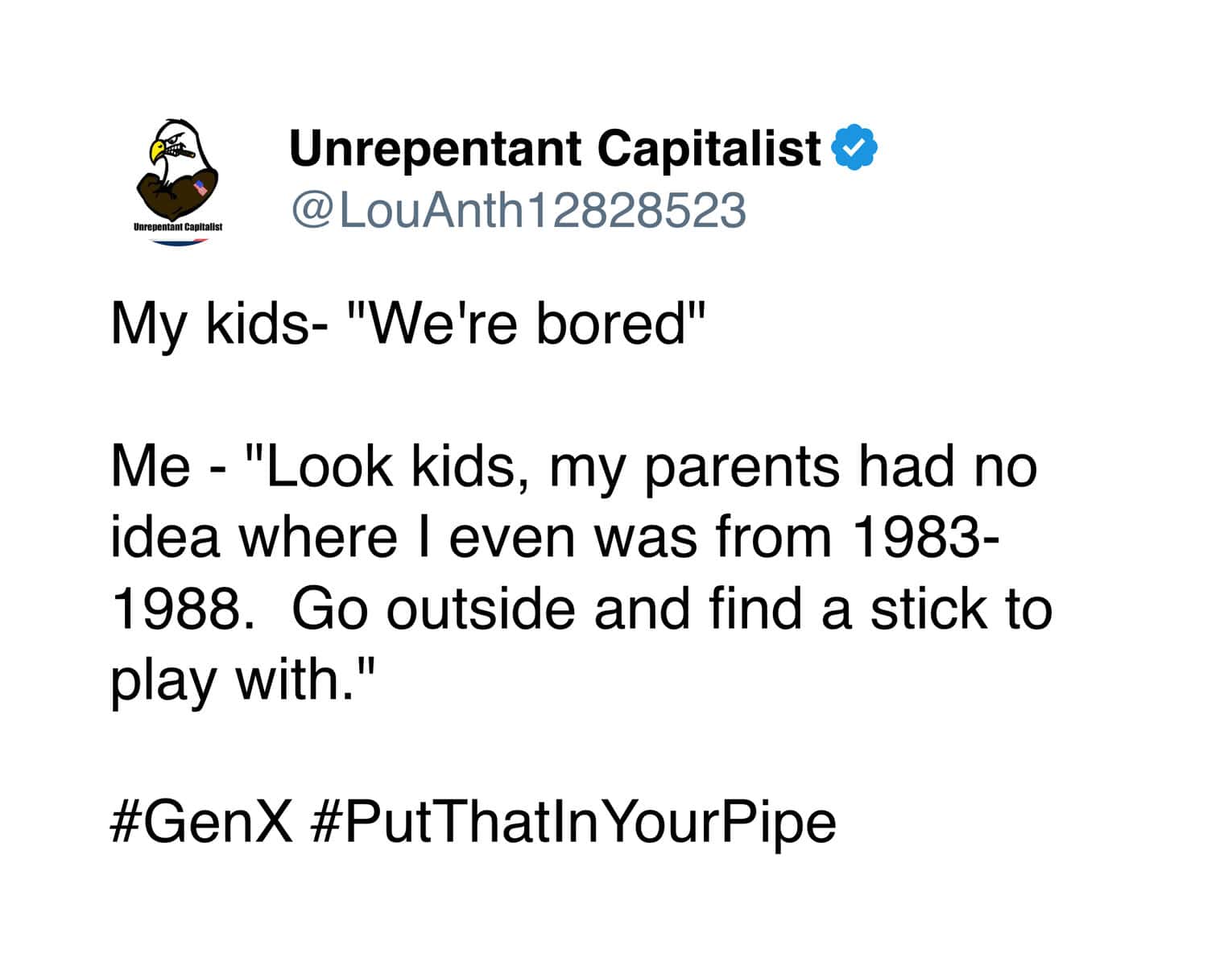 funny gen x meme highlighting the classic response to bored kids, reminding them that children in the eighties just disappeared for five years and were told to play with a stick.
