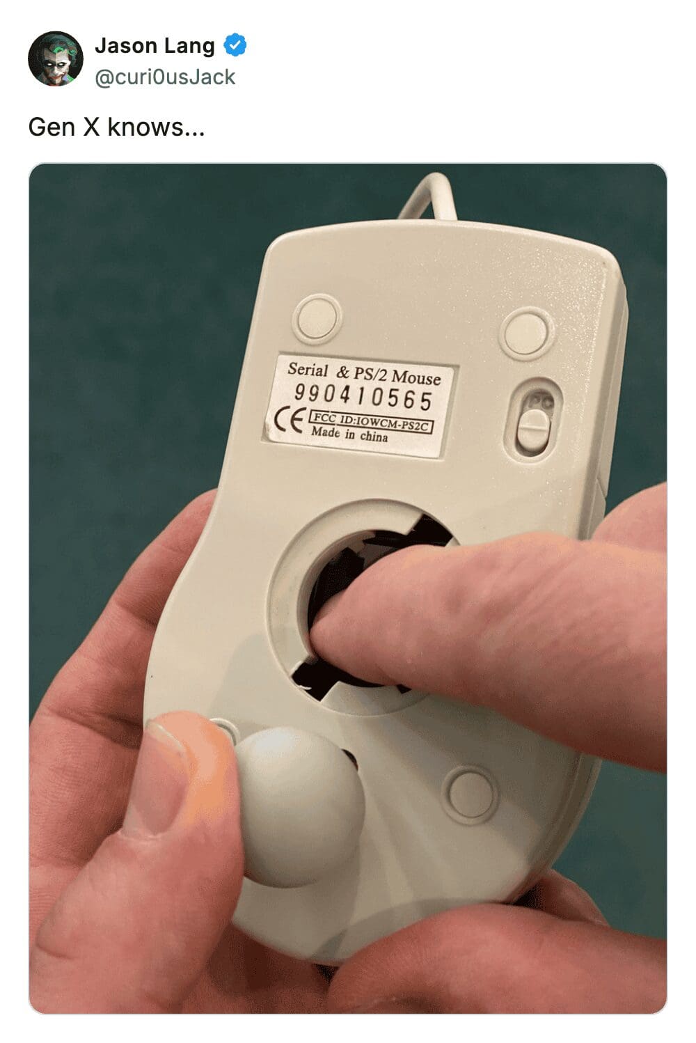 nostalgic gen x meme showing the ultimate analog satisfaction of popping the heavy rubber tracking ball out of the bottom of a vintage beige computer mouse.