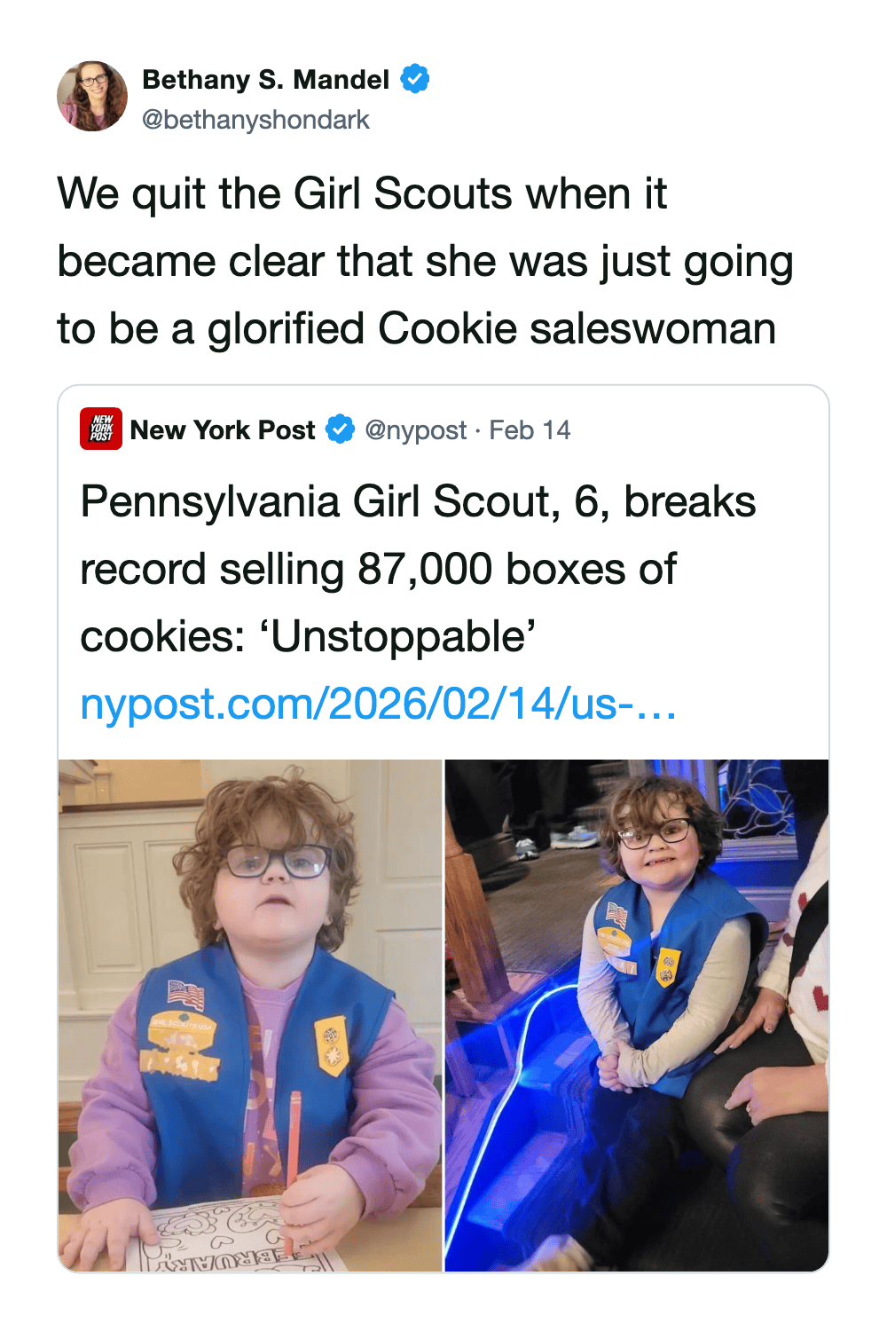 A brutal parental girl scout cookie meme comparing a user who quit the organization because it felt like glorified sales work, contrasted with a news article about an unstoppable six-year-old who aggressively sold 87,000 boxes.