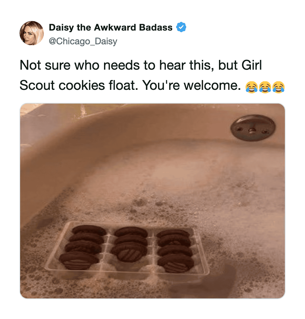 unhinged relaxation girl scout cookie meme showing a plastic sleeve of Thin Mints literally floating directly in the bubbles of a warm bath, captioned with the incredibly cursed tip that they float.