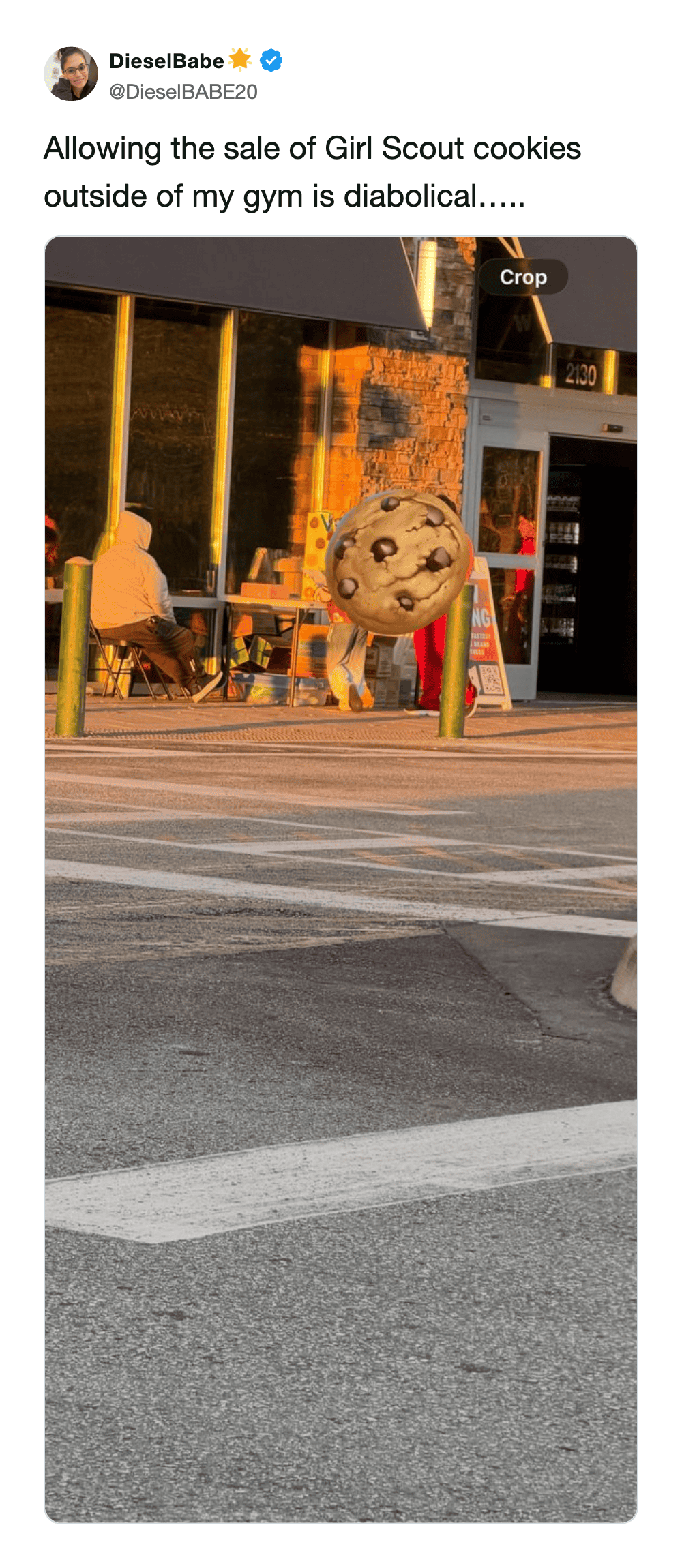 accurate fitness girl scout cookie meme pointing out the absolute diabolical strategy of setting up a sales table with a giant cookie sign directly outside the entrance of a local gym to target exhausted people.
