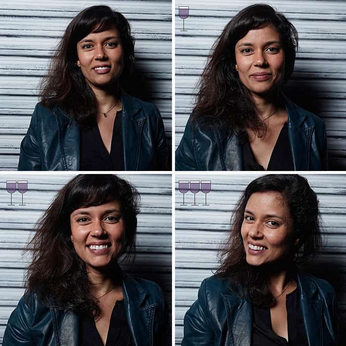 Portrait series showing a woman in a leather jacket transitioning from serious to a wide smile.