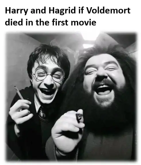 Black and white AI image of Harry and Hagrid laughing and smoking together happily.