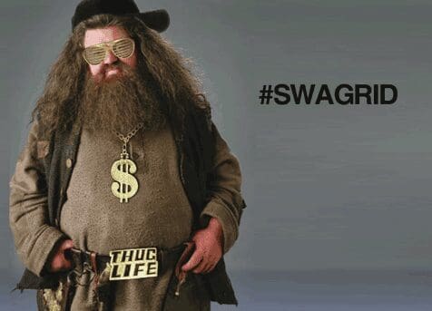 Swagrid meme featuring Hagrid wearing a gold dollar sign necklace, shutter shades, and cap.