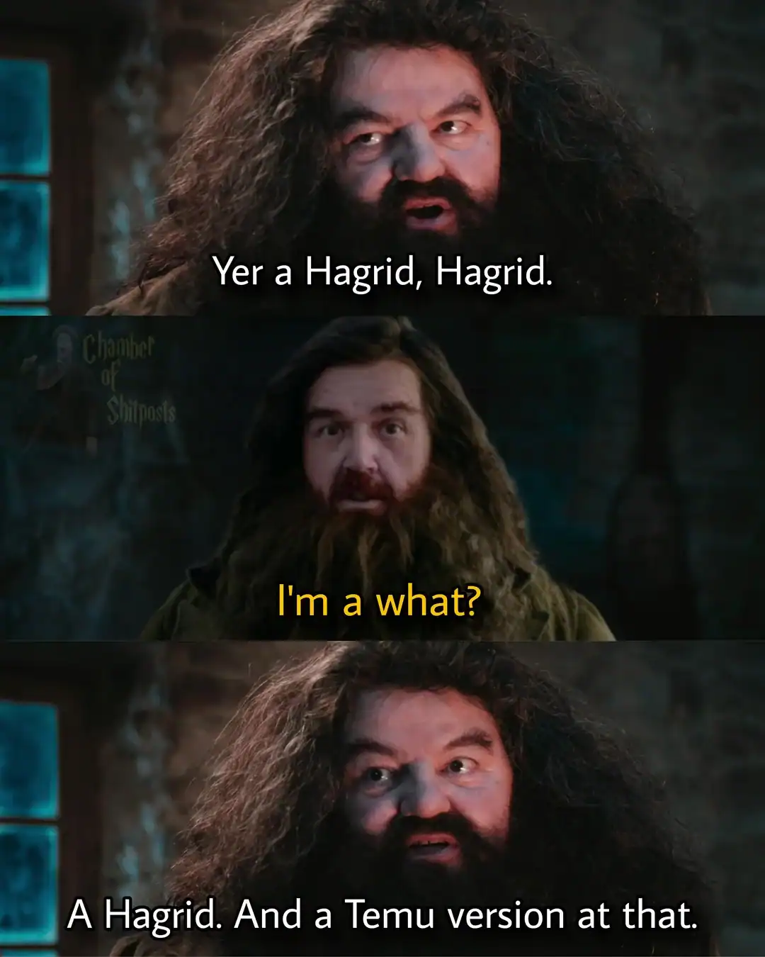 Multi-panel meme joking about a budget Temu version of Hagrid meeting the real character.