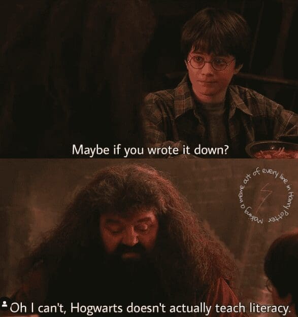 Humorous movie subtitle edit where Hagrid claims Hogwarts does not actually teach basic literacy.