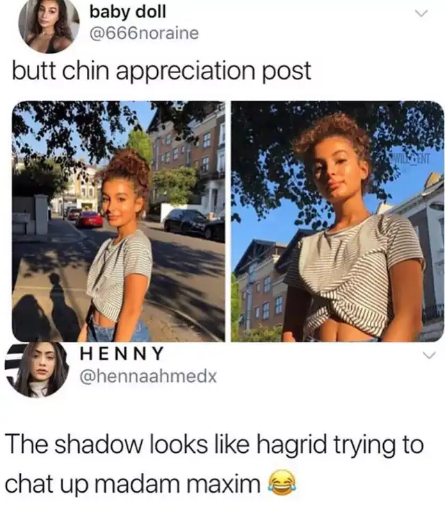 Social media screenshot showing a girl's shadow that looks exactly like Hagrid wearing a coat.