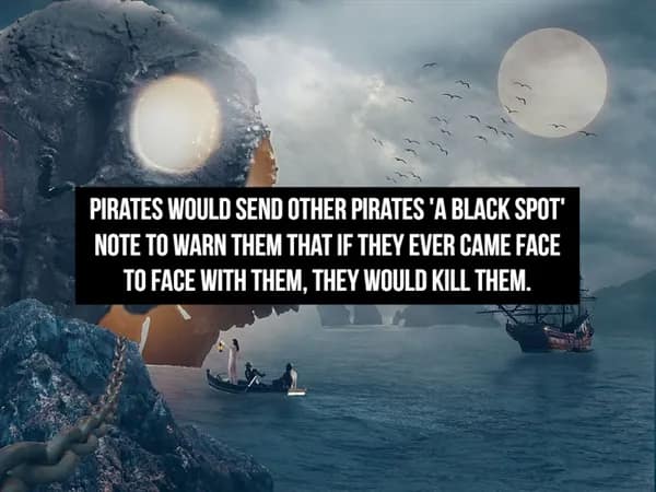 moody, cinematic image of a pirate ship sailing past a giant skull-shaped rock under a full moon, detailing the historical fact of the "Black Spot"—a physical note sent by pirates to mark a target for death upon their next meeting.