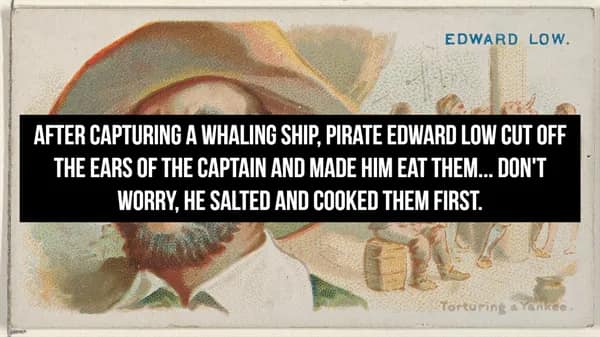 vintage illustration of the notorious pirate Edward Low, featuring a dark historical fact about how he once captured a whaling captain and forced him to eat his own salted and cooked ears.