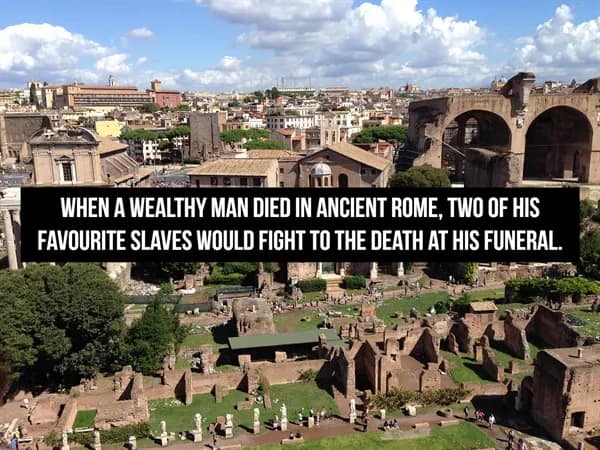 wide view of the ancient Roman Forum ruins under a bright blue sky, revealing a brutal historical fact that wealthy funerals sometimes involved two favorite slaves fighting to the death as a ritual.
