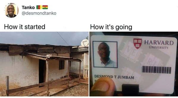 Comparison of a modest rural house next to a prestigious Harvard University student identification card.