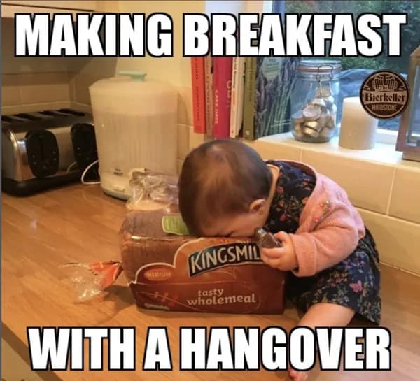 A baby collapsed face-down into a loaf of Kingsmill bread perfectly illustrates the clumsy exhaustion and motor-skill failure of this hungover meme.