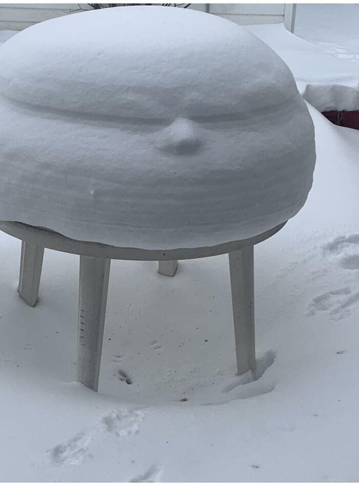 natural occurrence of inanimate objects with faces where a thick, rounded pile of snow on an outdoor stool has perfectly settled to form a serene, chubby face with a distinct nose and mouth.