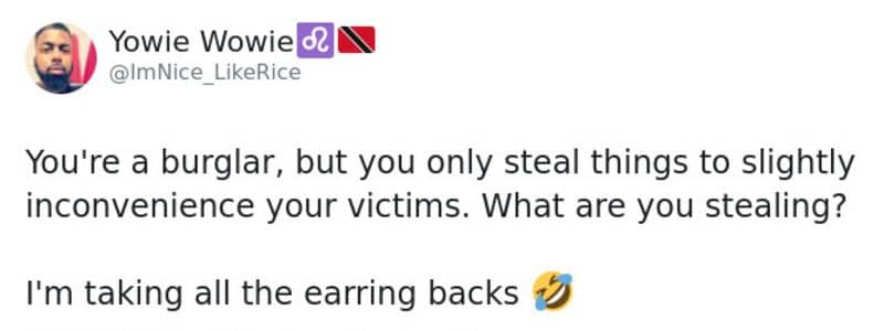 Social media post asking what a burglar would steal to slightly inconvenience victims like earring backs.