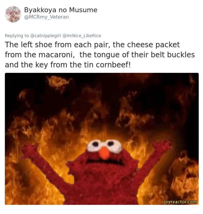 Elmo in front of fire meme used to suggest stealing left shoes and macaroni cheese packets.