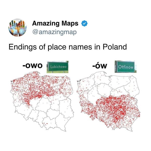 A detailed interesting map of Poland comparing the geographical distribution of town names. It shows a stark divide where names ending in "-owo" dominate the north while those ending in "-ów" are heavily concentrated in the south.