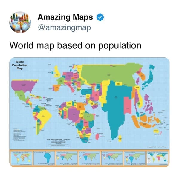 This amazing map is a world population cartogram, where the size of each country is distorted to represent its number of inhabitants, resulting in a massive India and China that dwarf a shrunken Russia and Canada.