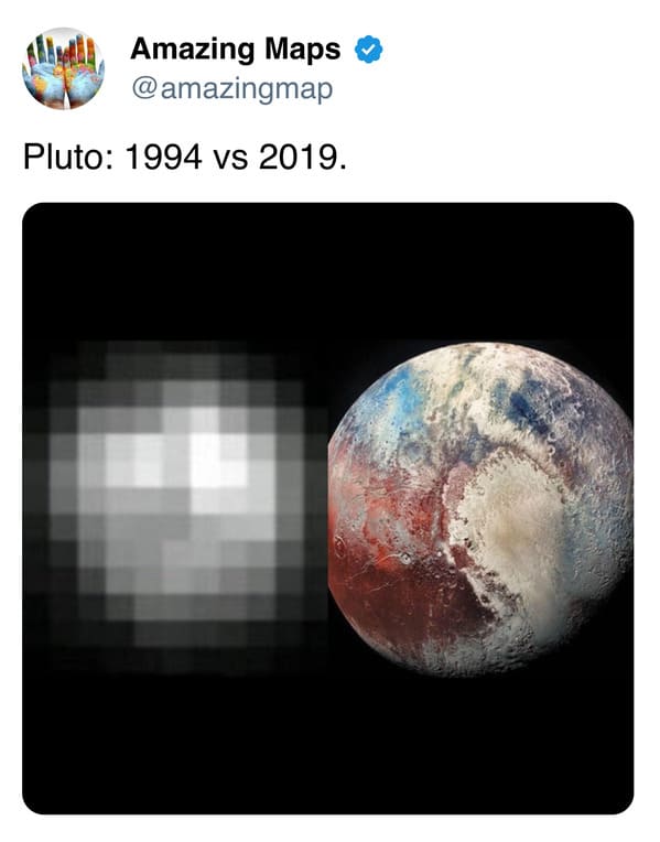 A stunning technological interesting map comparison of Pluto, showing the blurry, grey pixelated blob captured in 1994 versus the high-definition, rust-colored celestial body revealed by the New Horizons mission in 2019.